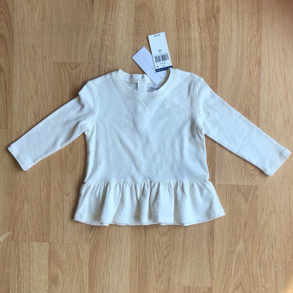 NWT Ralph Lauren Baby Girl Top, Off-White Cream Long Sleeve with Flutter Bottom